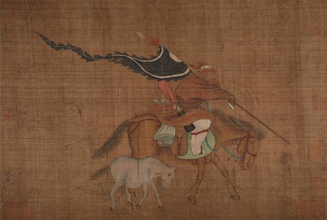 Jin Dynasty "Zhang Yu" Painting of Figure on Horse: L: 12 5/8 in(32cm) W: 18 3/4 in(47.5cm) Zhang Huan (13th century AD), a painter of the Jin Dynasty. The date of birth and death is unknown.