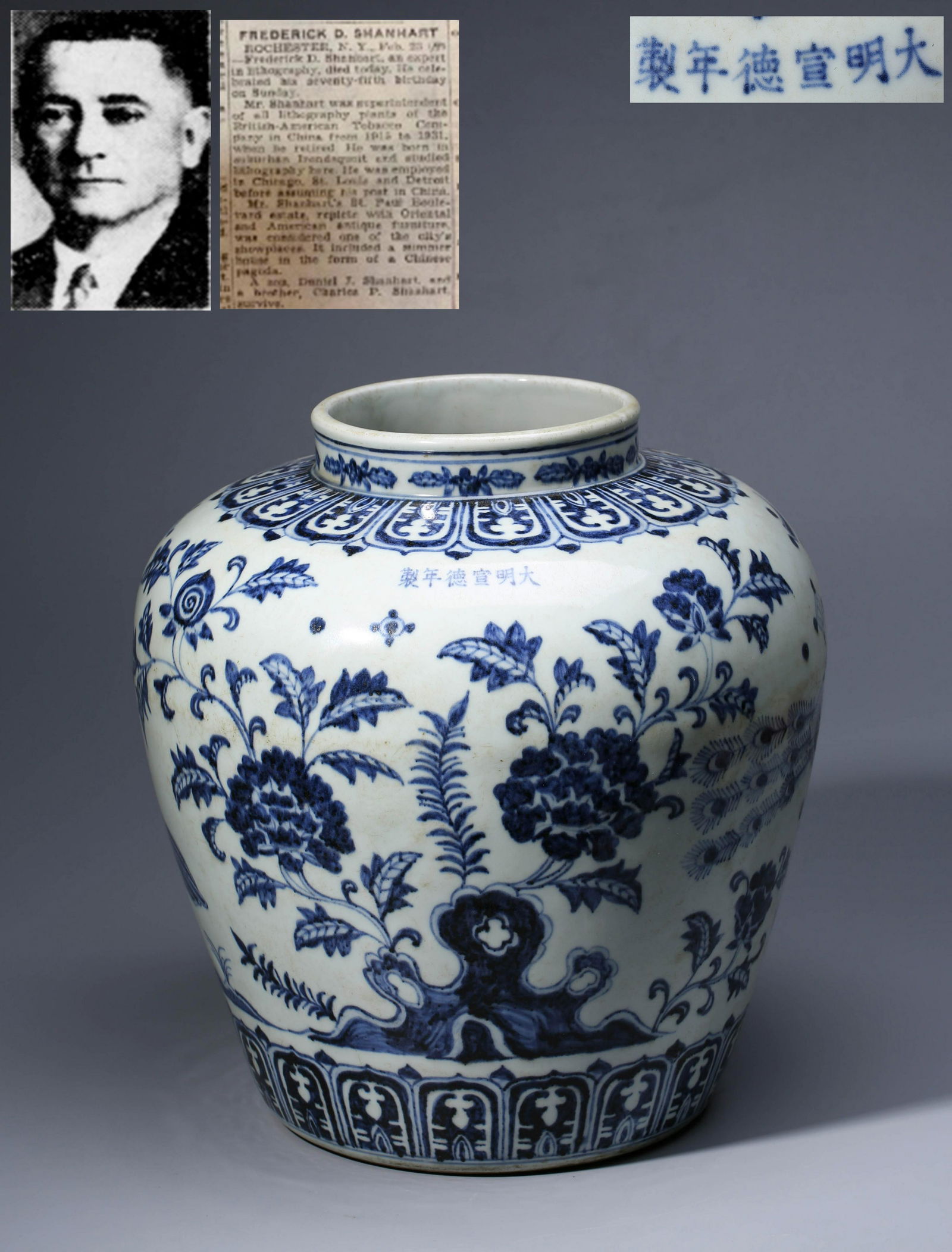 "Da Ming Xuande year" blue and white peacock peony wrapped branch grain big pot (1 of 8)