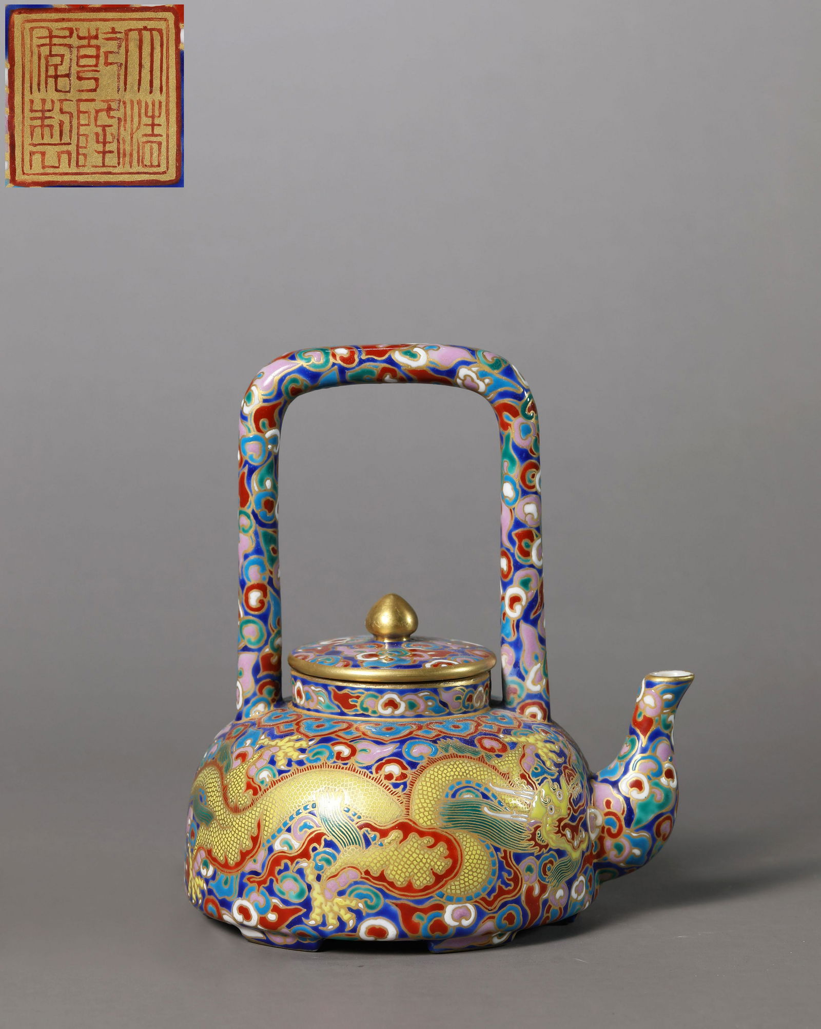 "Qing Qianlong year" pastel gold dragon pattern handle beam pot (1 of 8)