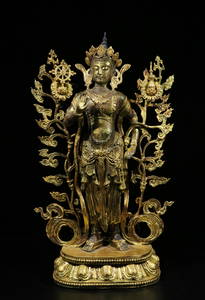 Bronze painted gold Maitreya Buddha statue of Qing Dynasty