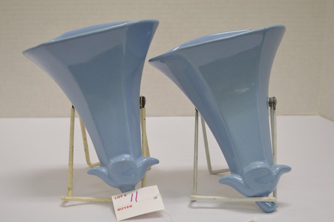 Pair of Asingdon Blue Trumpet Flower Wall Pockets, #377 (1 of 7)