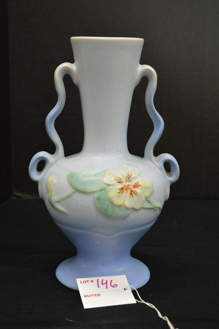 Weller "D and L" Blue Vase w/ Flowers, Double Handled - (1 of 7)