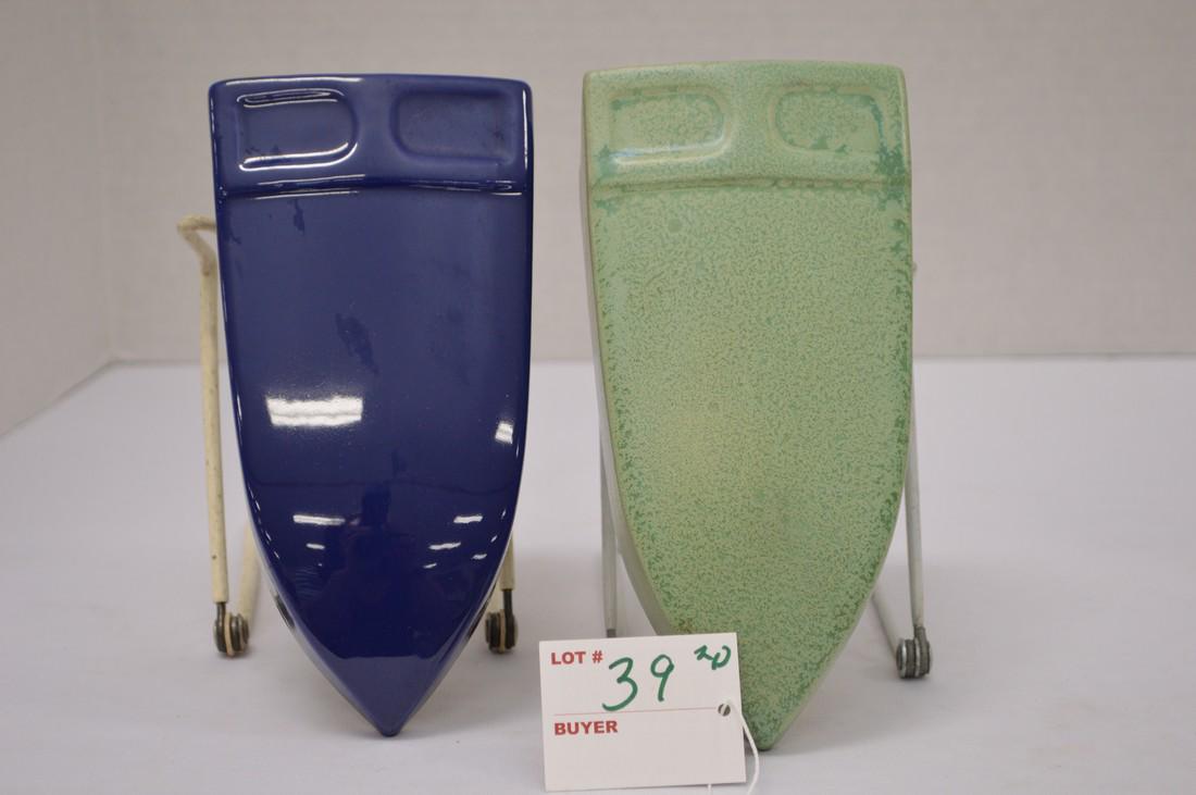 Pair of Unmarked Green and Blue Glass Wall Pocket w/ (1 of 6)