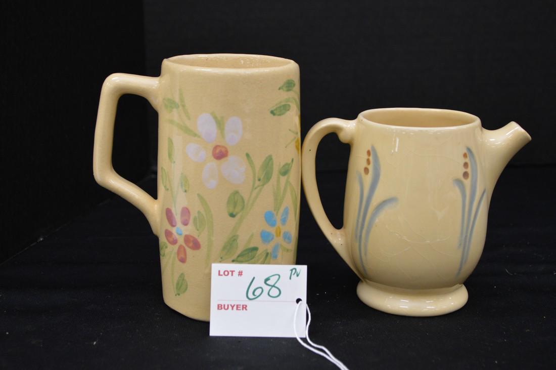 R.R.P Co. Roseville "Colored Daisies" Mug, 5 1/2 in.;: R.R.P Co. Roseville "Colored Daisies" Mug, 5 1/2 in.; Roseville Creamer Decorated Utility Ware 1926, 4 in. - Has Crazing