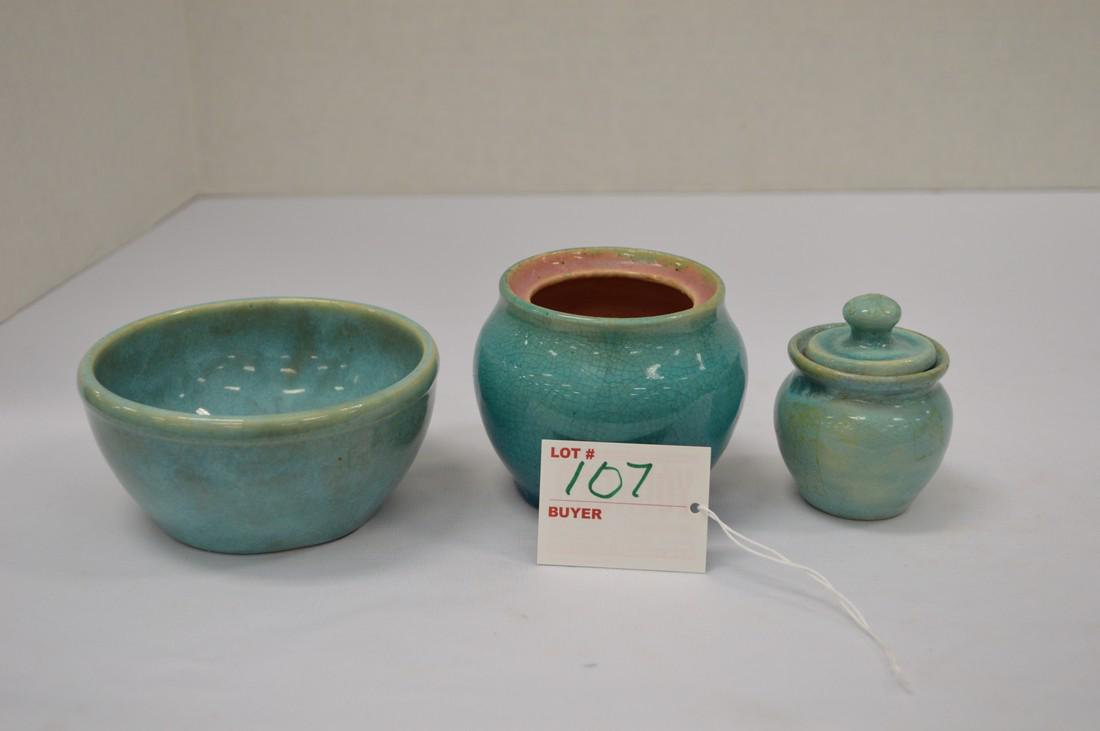 Pisgah Forest W3 Stephen Bowl, 4 x 2 in.; Pisgah Forest: Pisgah Forest W3 Stephen Bowl, 4 x 2 in.; Pisgah Forest Teal and Pink Dish w/ Crackling, 3 x 3 in.; Pisgah 1930 Lidded Bowl, 2 in.