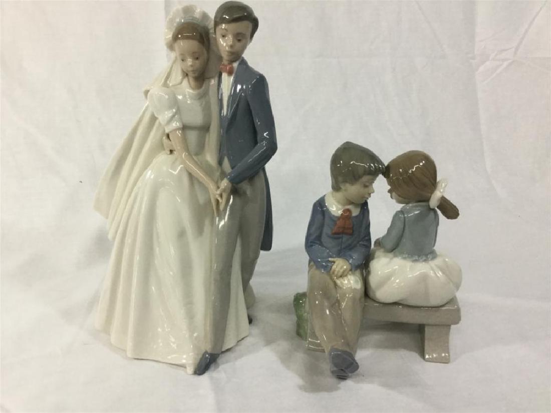 NAO Statues: Lot of 2 NAO Statues. NAO "Unforgettable Dance Bridge & Groom Figurine. Measures 10 1/2" X 7. Issued 1987 and retired. The other piece is "First Love" boy and girl on a bench. Measures 7". Both pieces