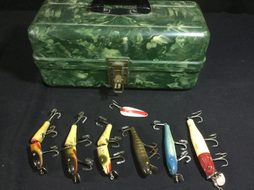 Antique Fishing Lures: 6 Antique wood fishing lures, some with glass eyes, and vintage tackle box.