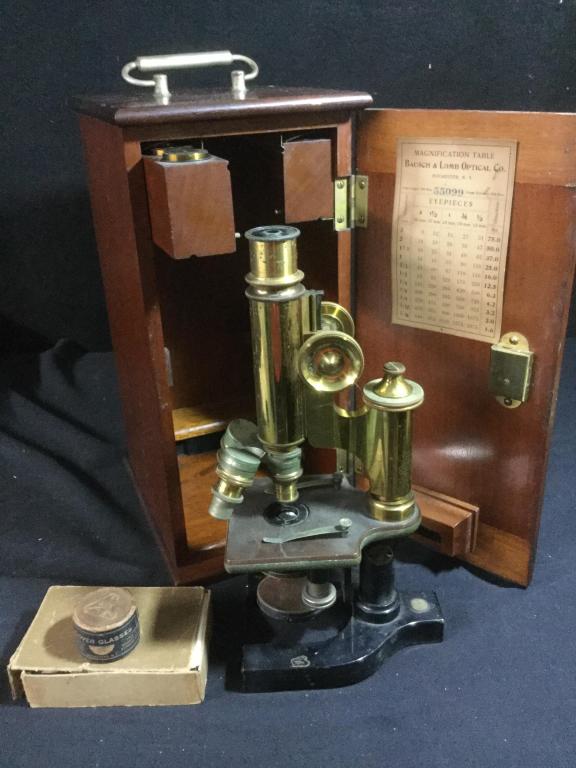 Vintage Optical Microscope: Made by Bausch & Lomb Optical Co out of Rochester NY. Comes with original locking case w/key and conversion table. In great condition.