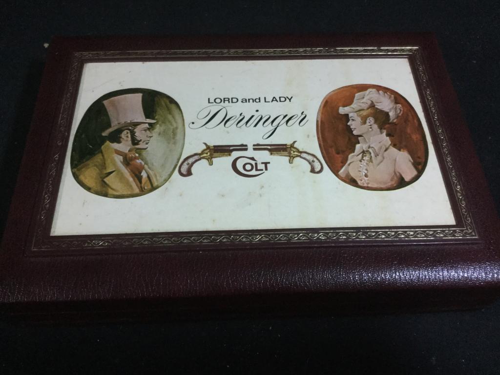 Lord & Lady Deringer Colt: Manufactured from 1970-1972. Consecutively numbered Lord and Lady Number 4 Derringers in a fitted burgundy case marked "LORD and LADY / Derringer/ COLT" on the cover. Red velvet lined French cut botto