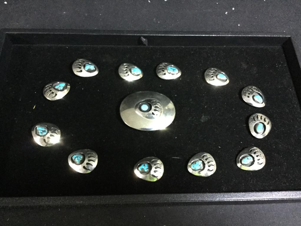 Signed Concho: Nice lot to make a concho belt. Total of 12 concho's and 1 belt buckle. In excellent condition. Value 300.00-500.00