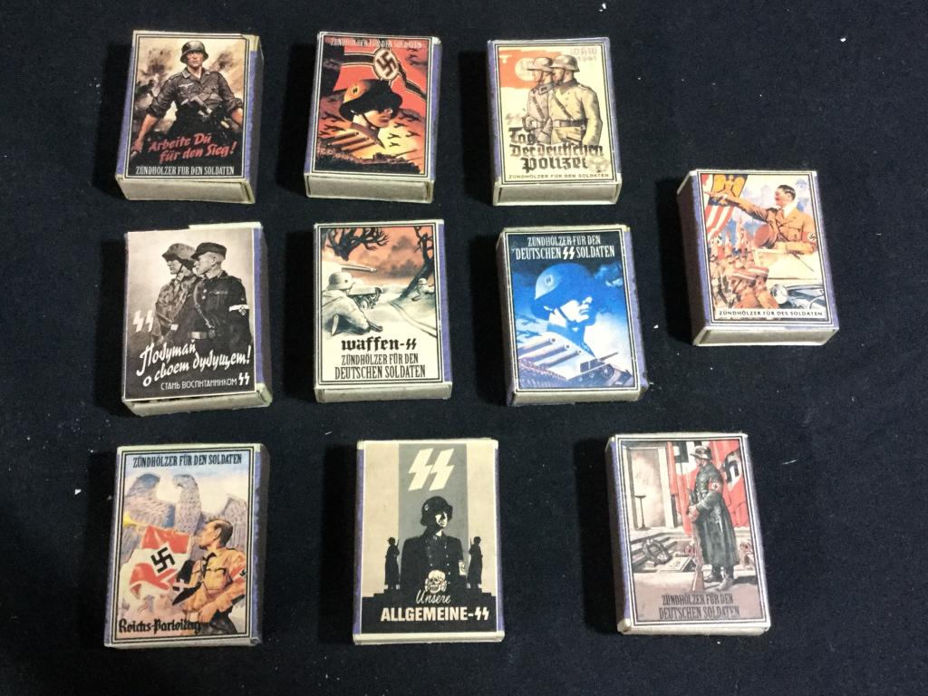 German Match Boxes: Total of 10 boxes with German advertisement on the boxes. Comes with stick matches inside box. Value 75.00-125.00