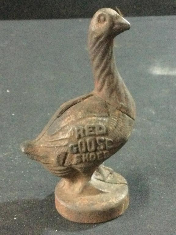 Red Goose Shoes Bank Vintage PromotionalBank: Measures 4 1/2" tall and in good condition Circa 1910 & The Red Paint Has Aged but its original.
