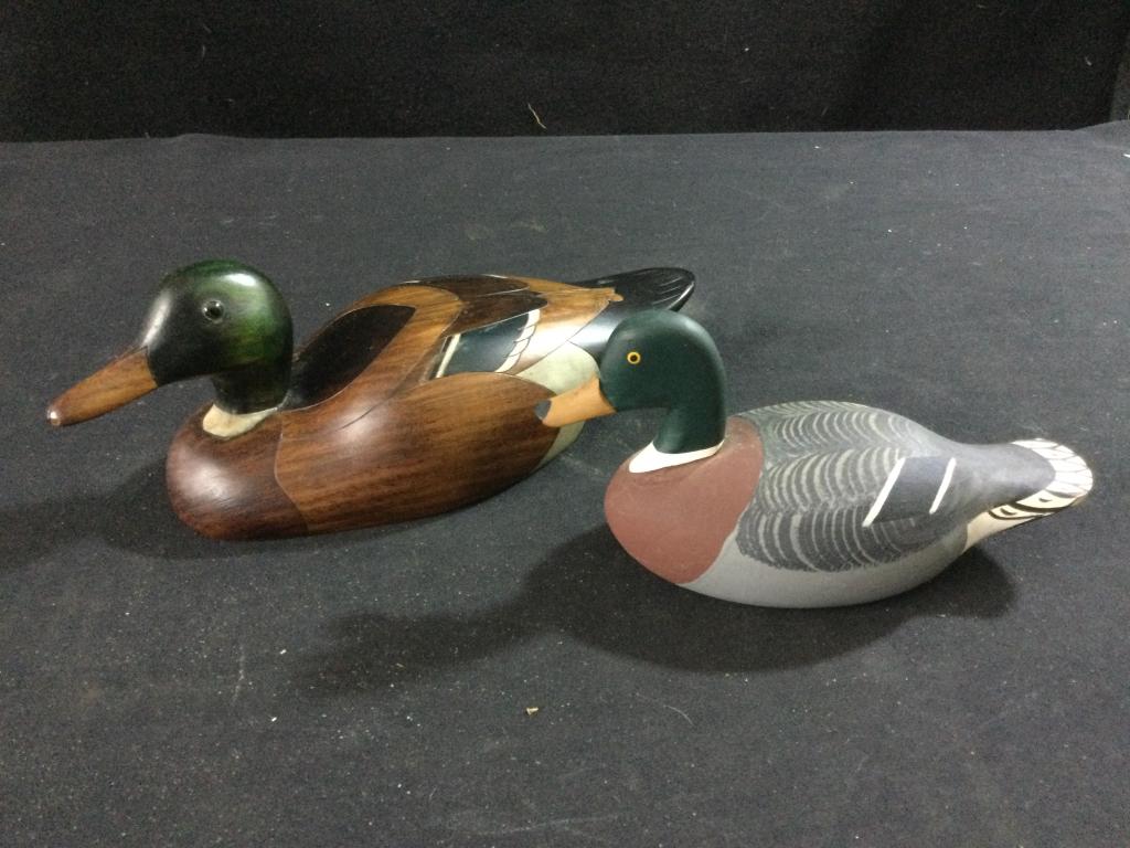 Carved Duck Decoys "Signed": Both are in good condition, see pictures. The smaller one measures 6.5"l & larger one is 9'l.