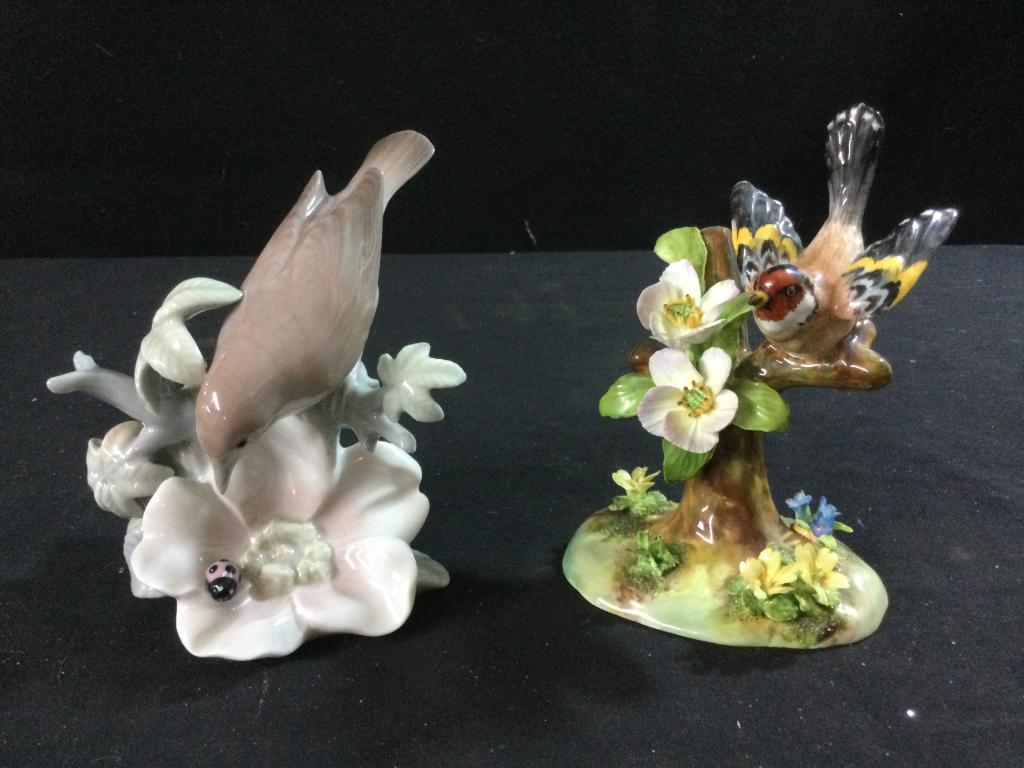 Porcelain Birds "Lladro & Staffordshire: Neat pieces. First is a Lladro sparrow on a branch with flowers & ladybug. The other piece is a Red Head Finch also on a branch with flowers. Both have no chips or cracks.