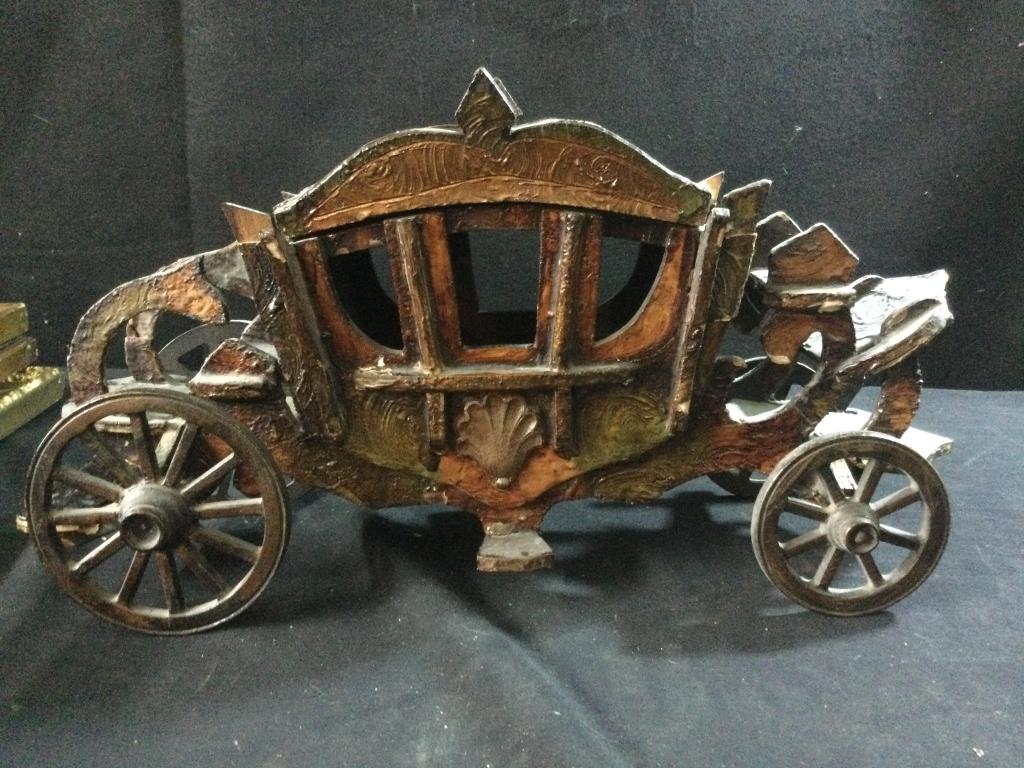 Early Wood Primitive Stage Coach: Neat piece that is hand carved & in good condition. Has wear consistent with age, see pictures. Measures 17"l x 9 1/4"h. Top comes off & a cool piece to have.