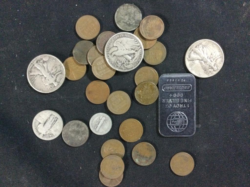 Coin Lot: 18 wheat pennies, (3) 1942 & 1943, 1945 Walking Liberty 1/2 dollars, (1) troy oz bar Engelhard, (2) Mercury dimes & standing liberty.