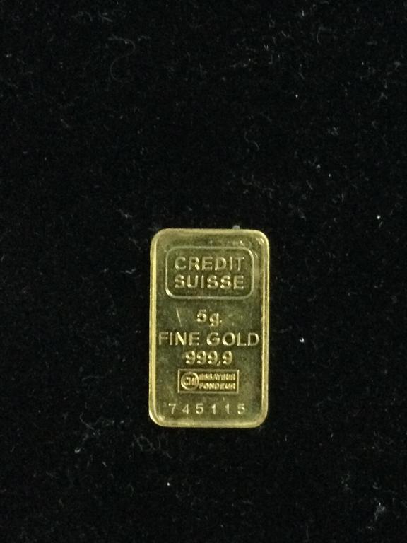 5g Five Gram Gold Bar Credit Suisse 999.9 Fine (1 of 2)