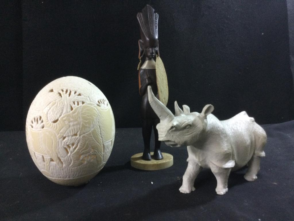 Carved Rhino, Ostrich Egg & Statues (1 of 5)