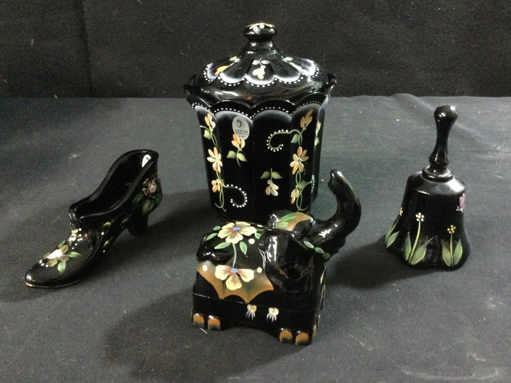 Fenton Black Hand Painted: Total of 4 pieces. There is a candy dish, shoe, bell & elephant trinket box. Shoe & Bell signed by artist. Candy dish is limited edition #780/1950 singed by artist & designor & Randy Fenton 2005. No c