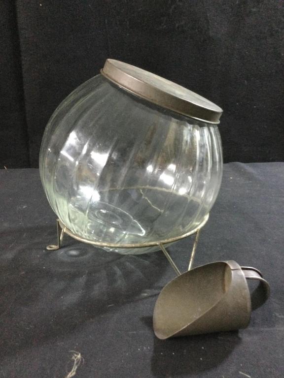 Antique Sugar/Flour Bowl: Neat older piece with stand & scoper. Large glass container.