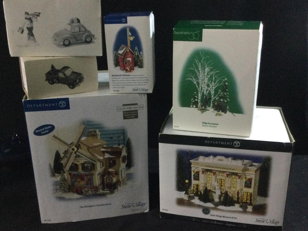 Dept 51: Total of 6 in this lot. There is The Dutchman's Pancake House, Snow Village Museum of Art, Backwoods Outhouse, Bears in he Birch, Pick up & Delivery & Pizza Delivery. All in used condition.