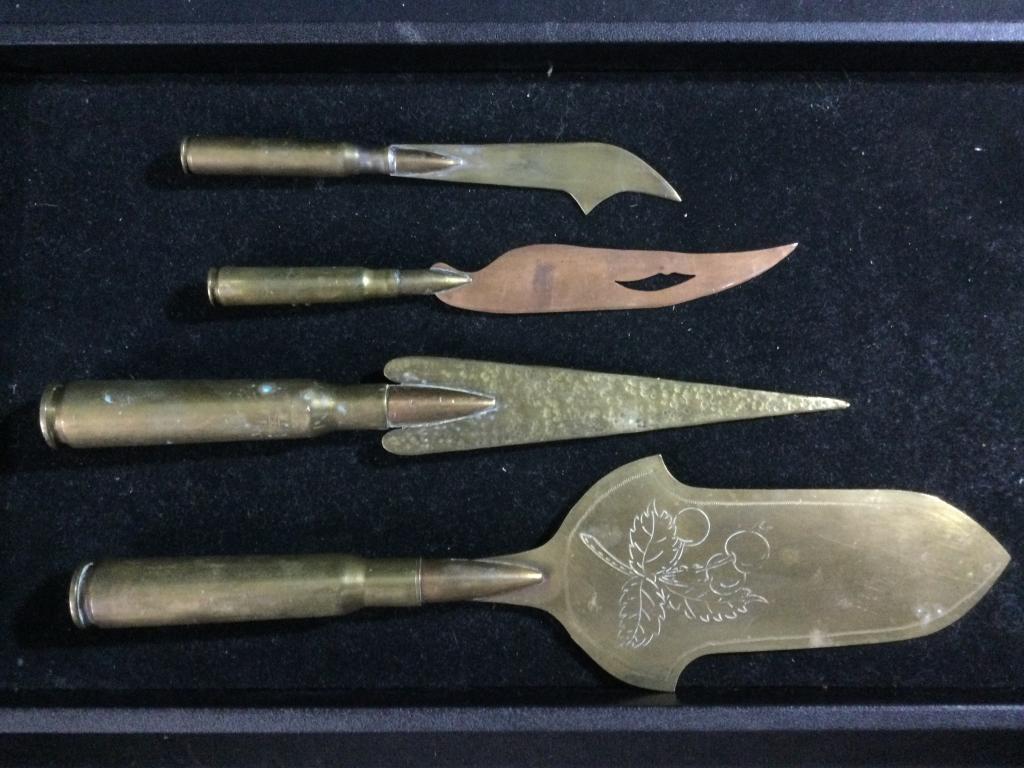 Trench Art: Total of 4 pieces of trench art (WW11). Neat pieces that are shaped in various pieces, see pictures.