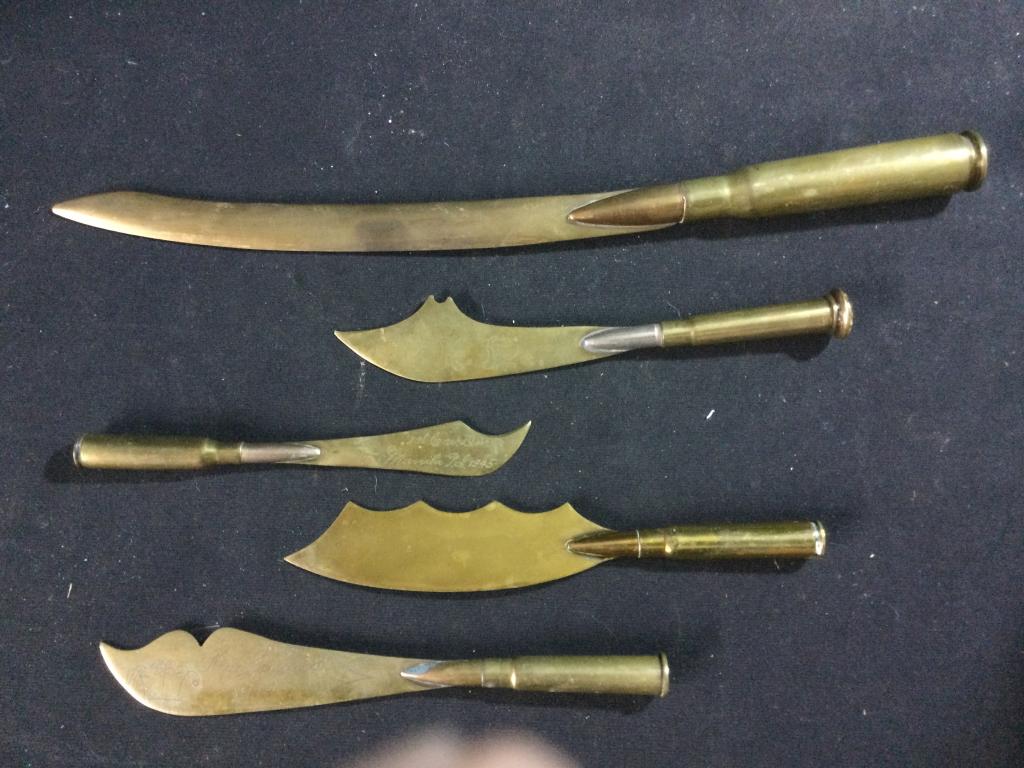 Trench Art: Total of 5 hand made trench art pieces. WWII. Each piece is unique, see pictures.
