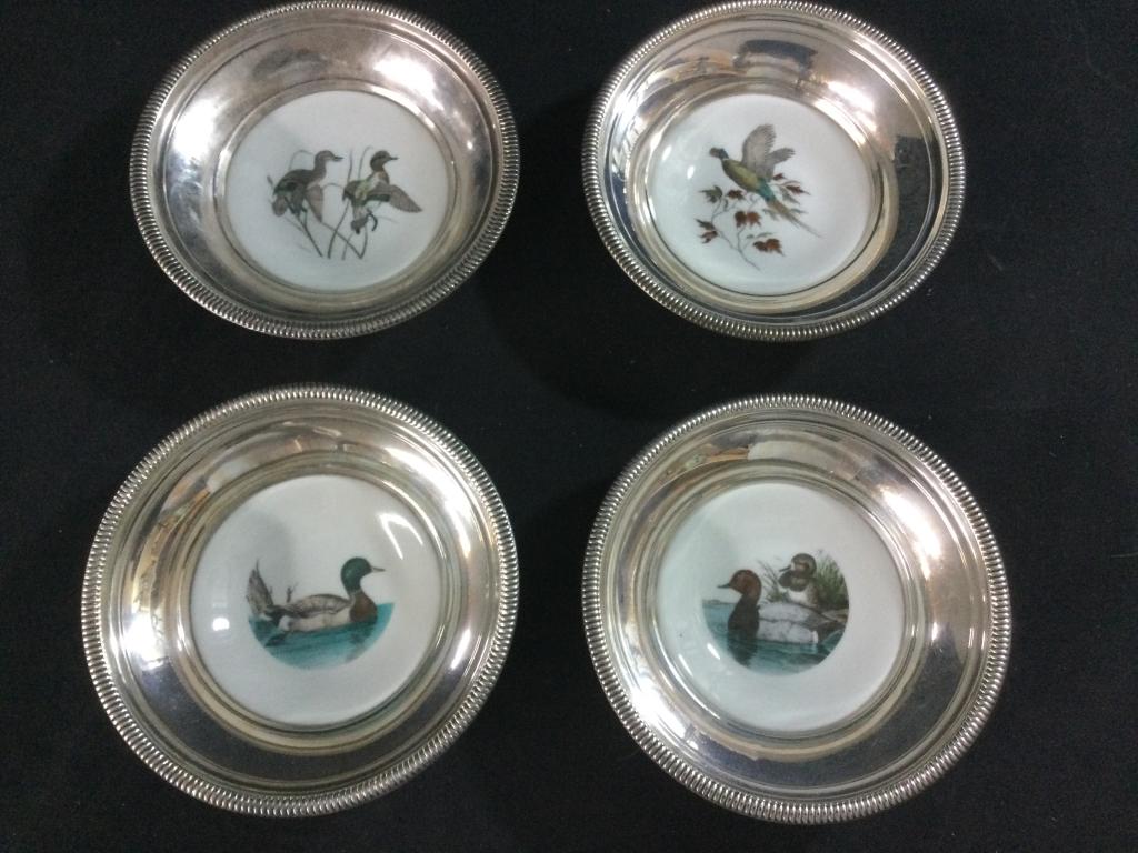 Frank M Whiting Sterling Silver Bird Bowls: Total of 4 & each bowl is hand painted with bird pictures. There is a Mallard, Redheads, Pheasant & Green Wing Teal. All have sterling silver rims, marked "Frank M. Whiting Co; Sterling Silver". Bases