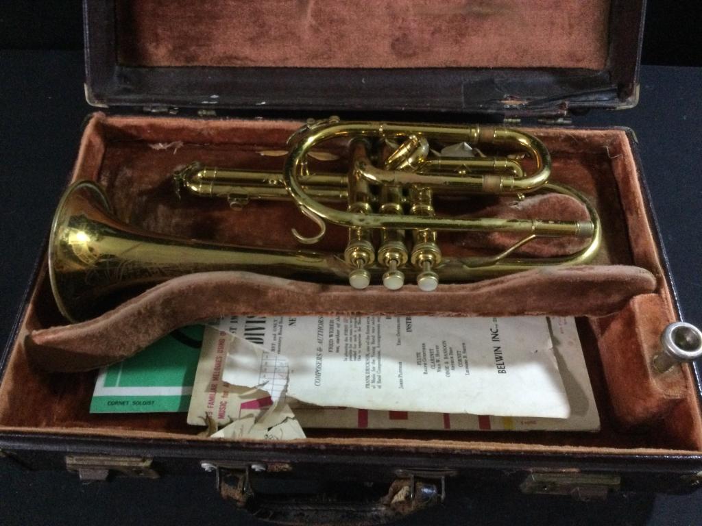 Trumpet: Comes with original vintage case. Marked on Trumpet Cleveland Made by Craftsman The H.N. White Co, Cleveland, Ohio. In fair condition with wear consistent with age. See pictures.