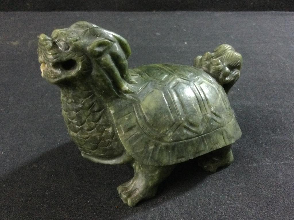 Carved Jade Foo: Neat hand carved piece with turtle shell on his back. Measures 4 1/4l x 3 1/4"h. No chips or cracks. Solid piece that weighs 511.3g.