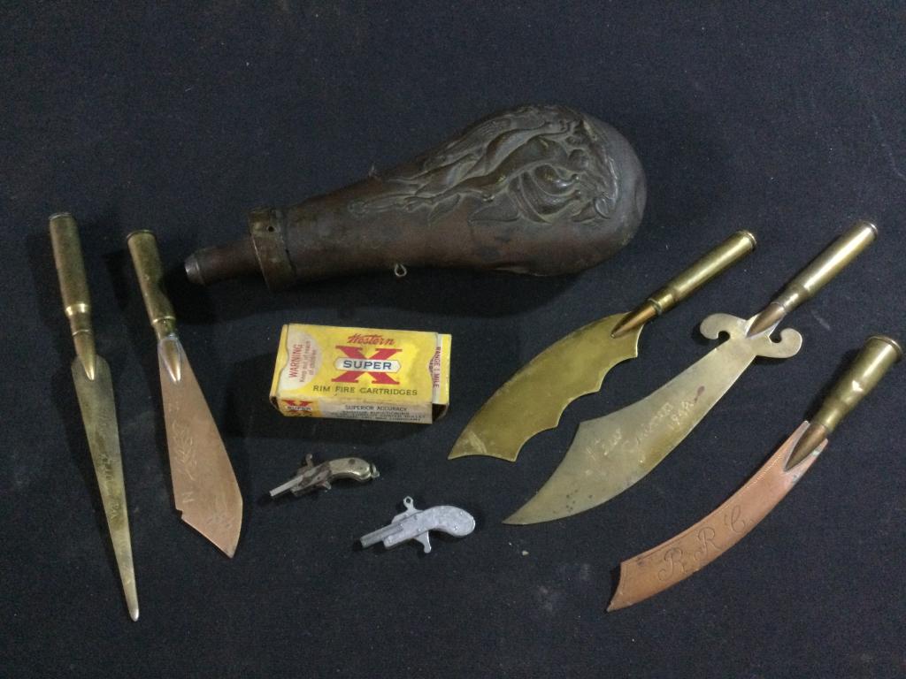 Antique Trench Art Knives & More: Total of 5 hand made trench art knives, powder horn, Western box & small pin guns. All in good condition, see pictures.