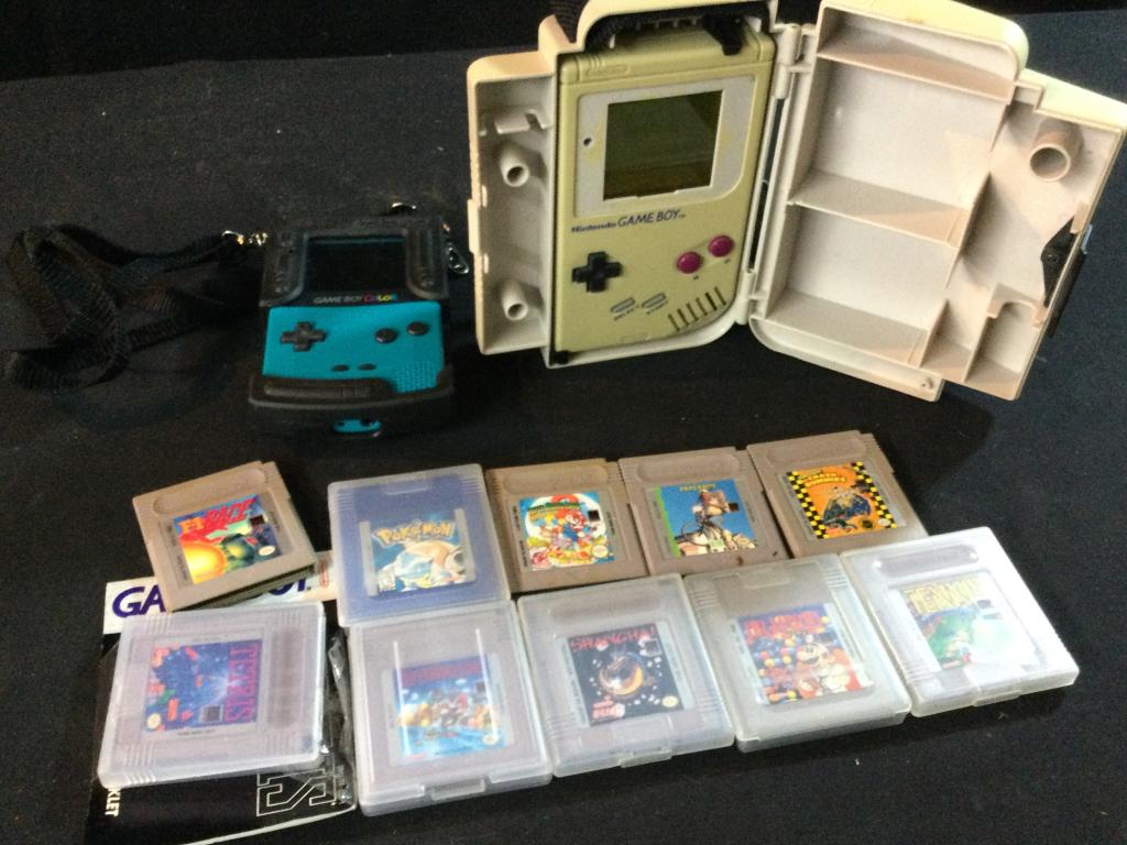 Vintage Gameboy & Games: There is 10 games, game boy color (blue) & carry case with another older game boy. In good condition, see picture.