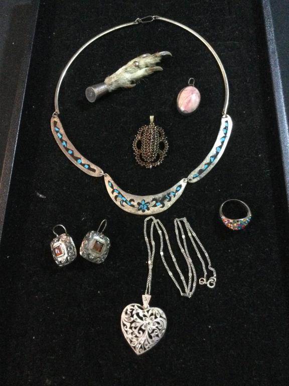 Vintage Silver Jewelry: In this lot there is a pair of earrings, 2 pendants, 1 ring, 1 pendant w/chain, choker necklace & pin. All in good condition see picture.