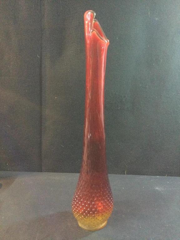 Large Mid Century Orange Amberina Stretch Vase: No chips or cracks. Measures 22"h & is stunning.