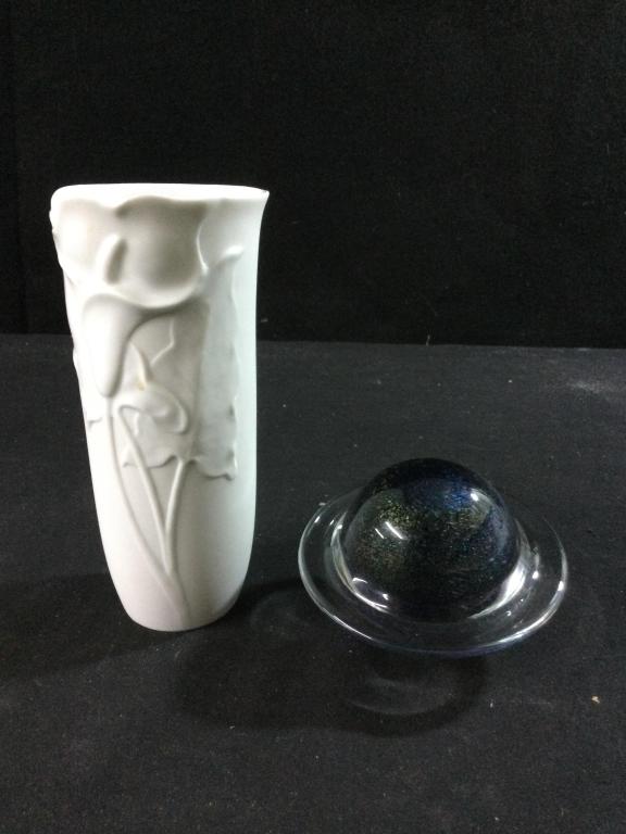 Franz Vase & Vandermark Paperweight: Stunning porcelain vase by Franz marked on bottom & artist signed. Measures 6 1/2"h x 3"w & no chips or cracks. The other piece is a exquisite paperweight marked Vandermark on bottom. it is shaped as 