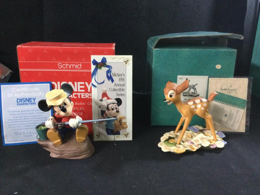 Walt Disney Collection Mickey & Bambi Statues: Both porcelain statues that come with original boxes & paperwork (COA). One is The Simple Things Somethin Fishy Mickey Mouse & measures 5 1/2"h. The other is Bambi "Purty Flower" & measures 6.5" x 3-3