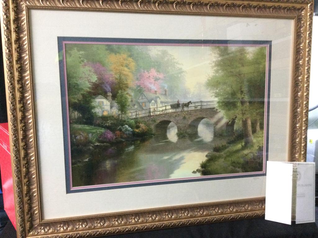 Thomas Kinkade "Hometown Memories V": Comes with Certificate of limitations & Authenticity and in a stunning frame. Measures with frame 31.5l x 40.5w. Print is 18" x 27". In great condition. LE #45/170 and is signed twice.