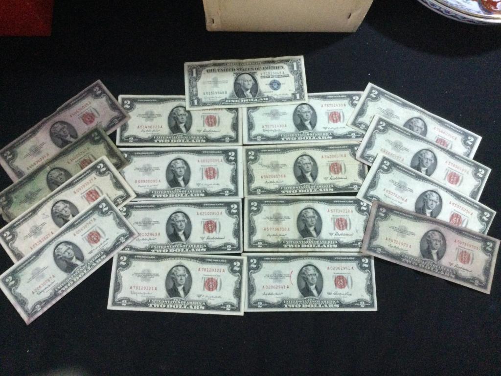 Two Dollar Bills & One Silver Certificate: Total of 16 $2.00 bills red stamp and 1 $1.00 silver certificate. They are in good condition, see pictures.