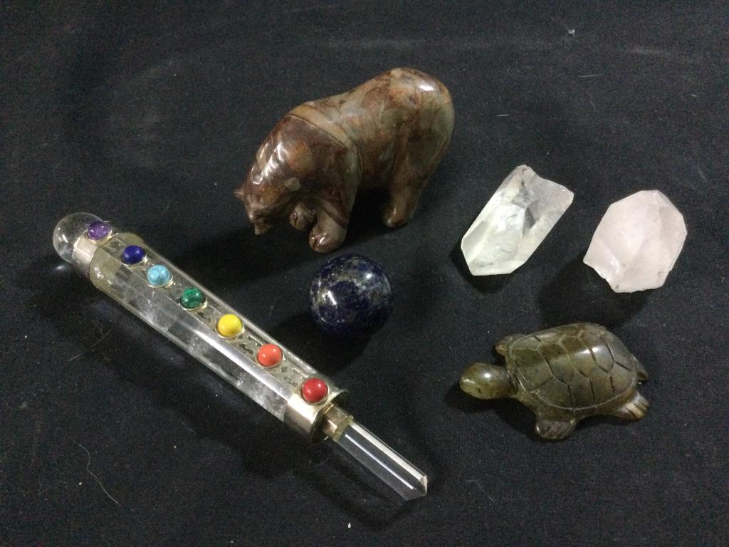 Carved Stone Lot: Large Lapis marble, silver and crystal wand, an a couple other carved stone figures. All in good condition. See pictures.