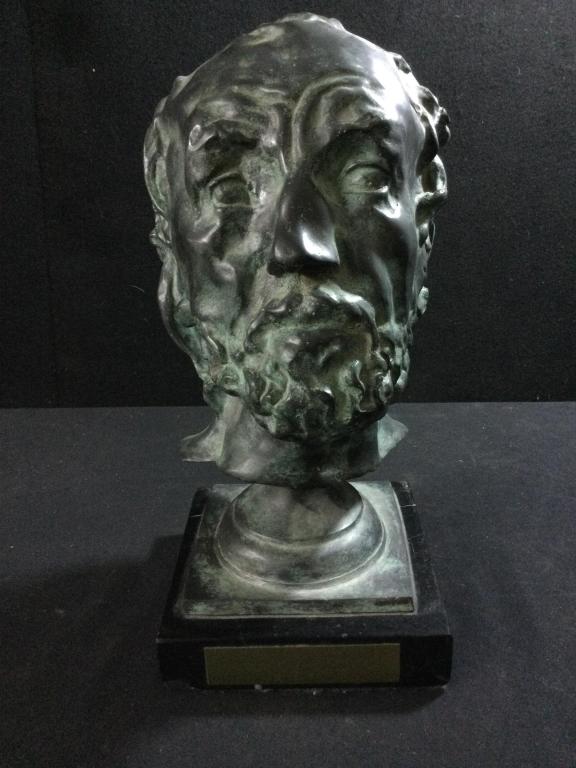 Mask of Man with a Broken Nose: Statue by A. Rodin. Executed in patinated bronze. Measured 12.5"h x 6.5"sq. In good condition.