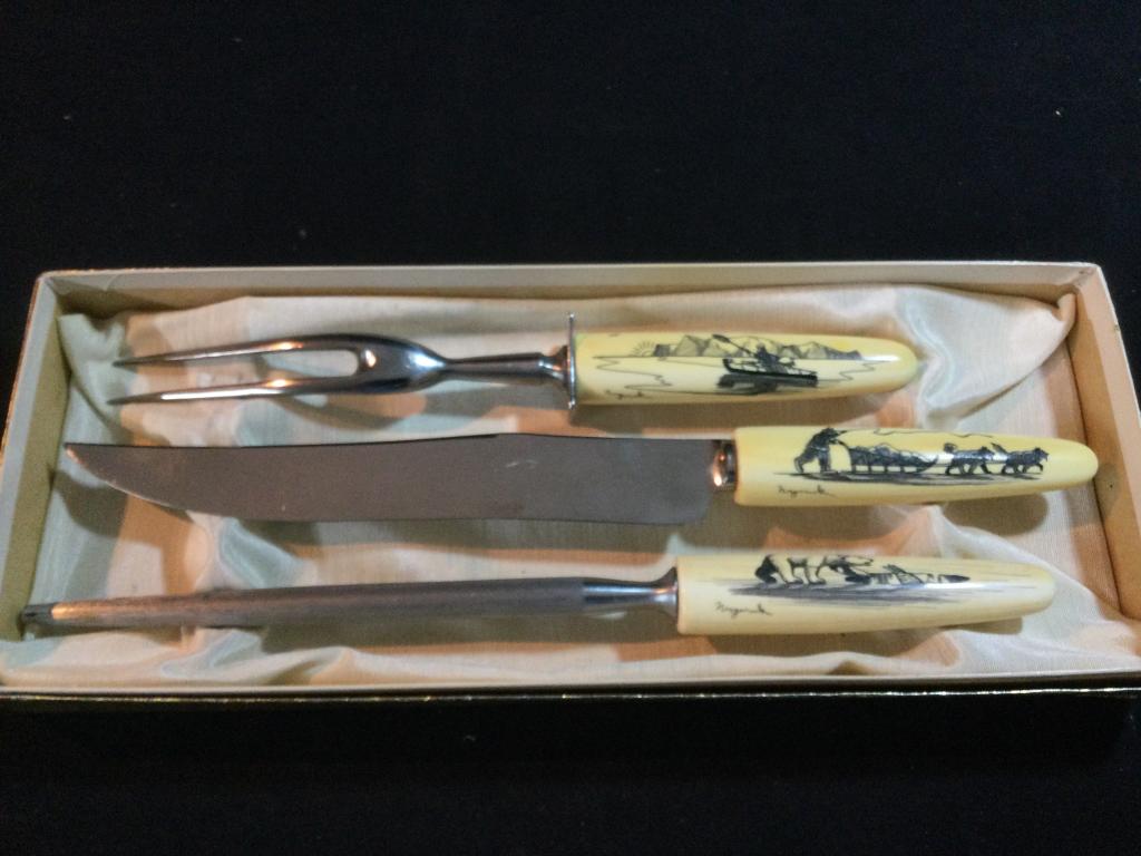 Ivory Carving Set w/Scrimshaw: In original box and each piece is signed. Scrimshaw Alaskan scenes on each piece.