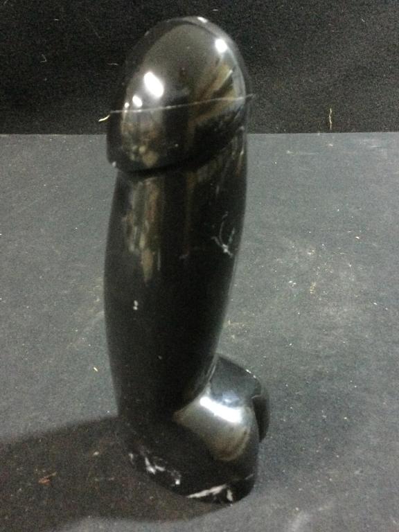 Carved Phallus: 6" black obsidian or jasper? penis sculpture. Carved and polished phallus. In good condition with no chips or cracks.