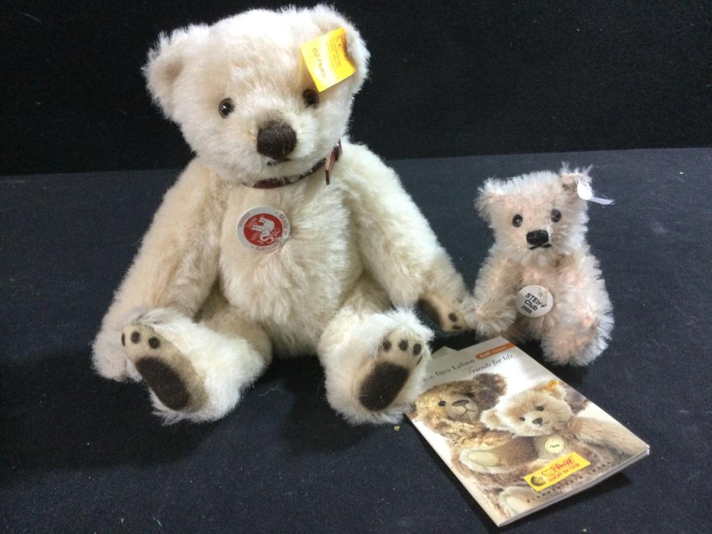 Steiff Bears: Two steiff's with original ear tags & paper labels. The larger one measures 7" & in good condition. The smaller one is 4" and has some wear on it. Value 75.00-150.00