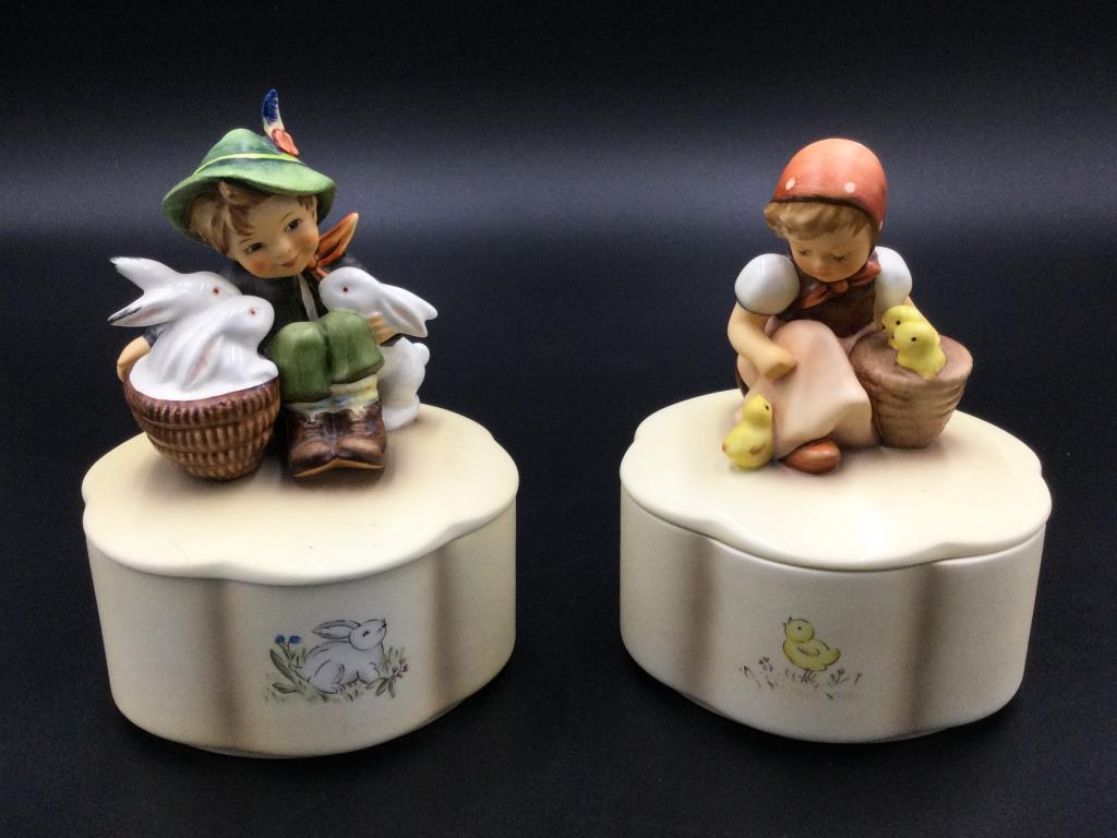 Vintage Limited Edition Hummel Music Box: Both are limited edition which is on bottom of each piece. No chips or cracks. They measure 7"h x 4.5"w. Value 75.00-150.00