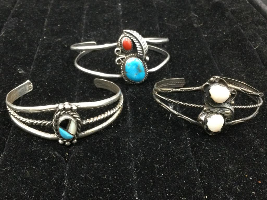 Sterling Cuff Bracelets: There is 3 in this lot. They weigh a combine weight of 39.6g. See pictures, they are in good condition Value 125.00-300.00