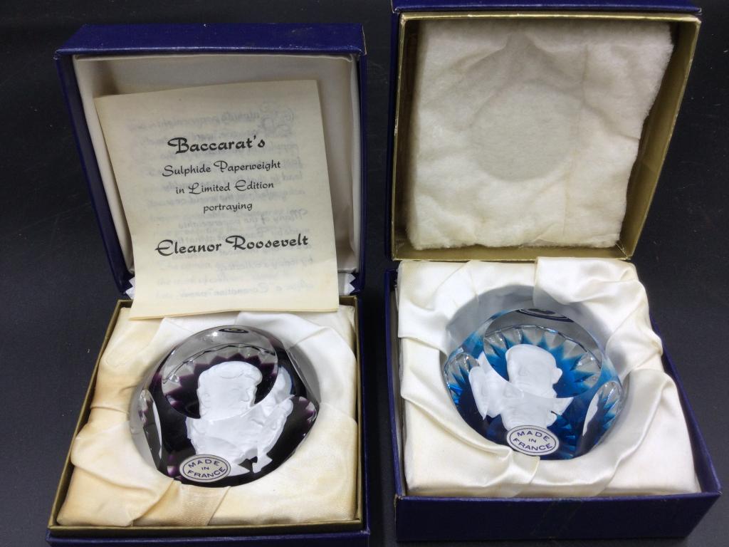 Baccarat's Papeweight: Total of 2 in original boxes. One has L.E. portraying Eleanor Roosevelt. Made in France. Value 75.00-150.00