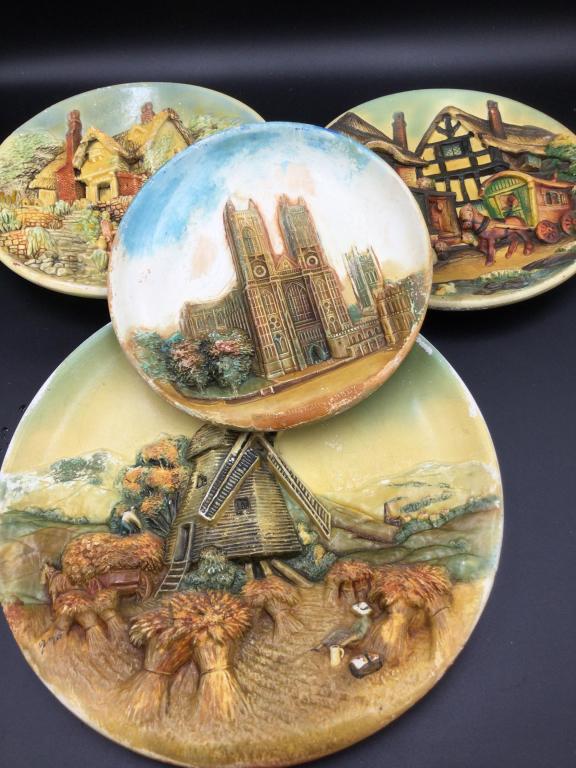 Vintage Hand Painted W.H.Bossons Wall Plaque: Total of 4, the largest is 14.5" and the smallest is 10". They are all in good condition, with paint lose or wear due to age of these pieces. See pictures. Value 75.00-200.00