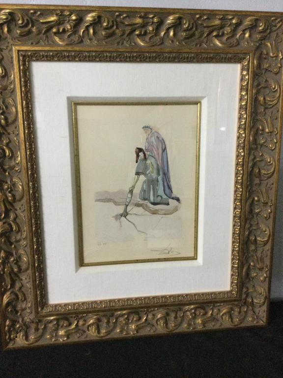 Salvador Dali "Divine Comedy - Inferno 32": Traitors against their Country, purchased in 2006 onboard Mariner of the Sea. Frame measures 22 1/2' x 26" Salvador Dali. Art itself measures 9 1/2' x 13". Certificate included & Signed 11/2//74 in Pa