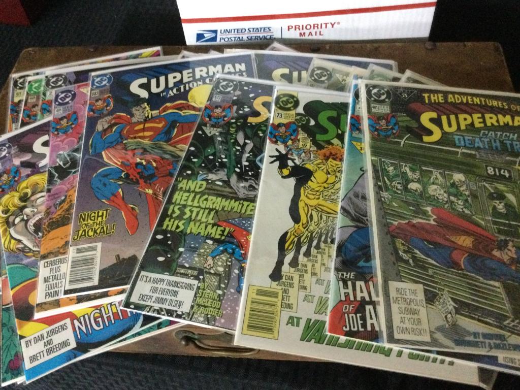 Vintage Comics: Whole box of Superman comics. All boarded and bagged. All in mint condition. 72 total.