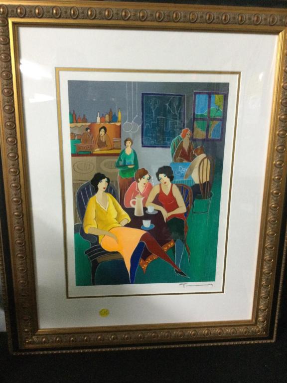 Itzchak Tarkay "Friends to Confide In": Serigraph purchased on Veedam Holland in 2007. #63/450. Registration #164140-0324. Measures 27 1/2"l x 22 3/4"w. See pictures.